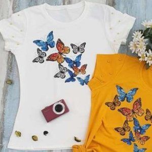 Butterflies, HANDMADE, Ladies Tee, Bling T-Shirt, Perfect Gift.
